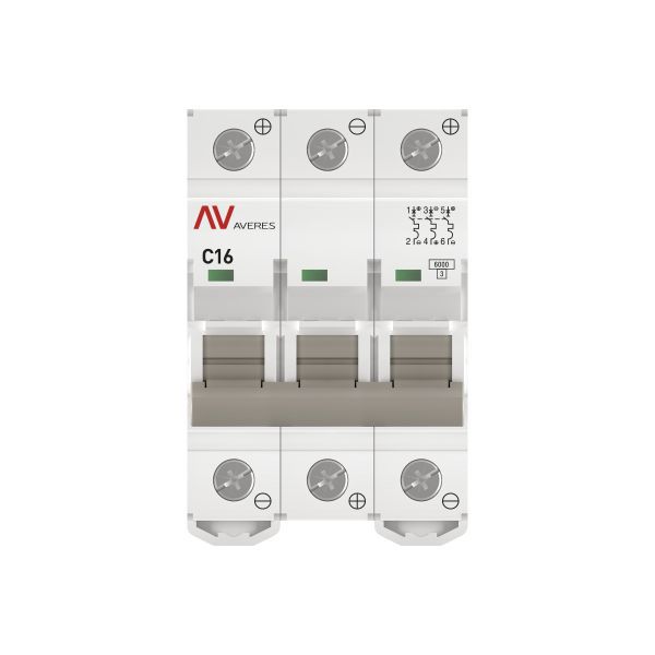  Выключатель автоматический модульный 3п C 16А 6кА AV-6 AVERES EKF mcb6-DC-3-16C-av фото в каталоге от BTSprom.by