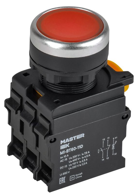 кнопка d22мм 1но+1нз master с подсветкой красн. iek mi-bt60-11d-3-12-k04 от BTSprom.by
