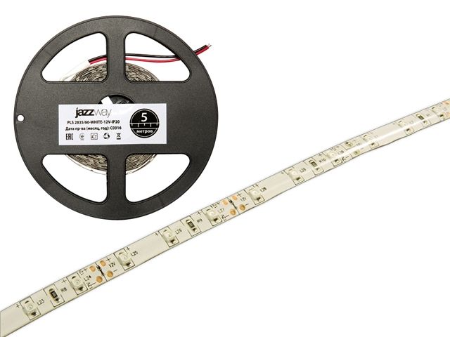 лента светодиодная pls 2835/60 (6 вт/м, 480 лм/м, ip65, 12в (5 м в уп.) красная jazzway (60 диод/м, красный свет, 8 мм) 5000339 от BTSprom.by