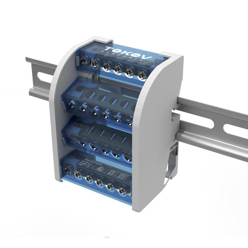 шина на din-рейку в корпусе (кросс-модуль) 4 группы по 7 отверстий 100а tokov electric tke-dbtb-100-4-7/3l+pen от BTSprom.by