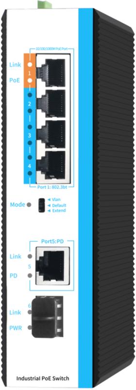 коммутатор неуправляемый индустриальный на din рейку 4 poe 802.3af/at порта 1гбит/с 1хsfp/1000basex 1х1000baset pd питание 48в питание поставляется отдельно 60-120вт либо pd gigalink gl-sw-g005-05psg-ipd от BTSprom.by