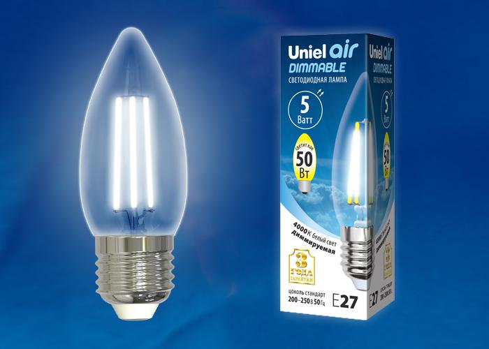 лампа светодиодная led-c35-5w/nw/e27/cl/dim gla01tr air диммир. картон uniel ul-00003642 от BTSprom.by