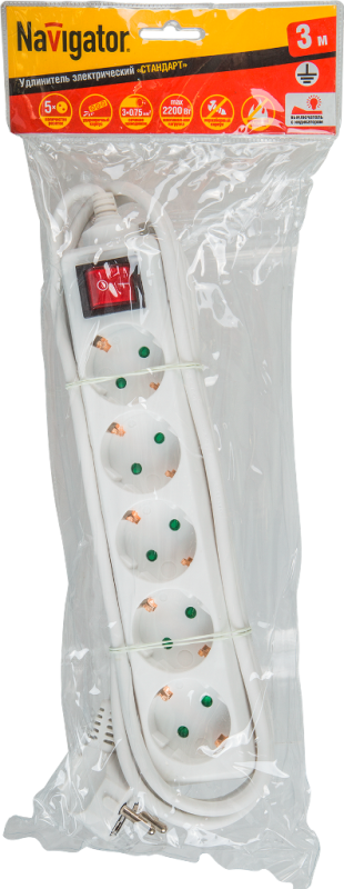удлинитель 5х3м с заземл. 10а ip20 71 557 npe-s-05-300-esc-3х0.75 3х0.75 с выкл. navigator 71557 от BTSprom.by