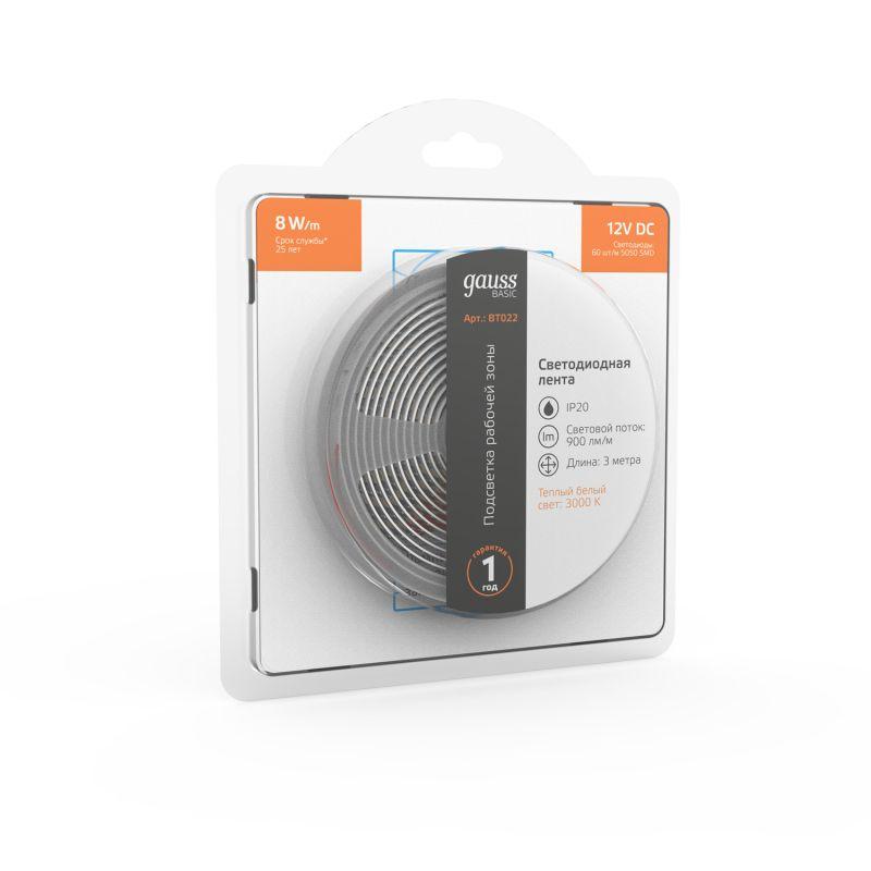 Лента светодиодная Basic 5050/60-SMD 8Вт/м 3000К тепл. бел. IP20 900лм/м 12В 10мм (уп.3м) GAUSS BT022 фото в каталоге от BTSprom.by