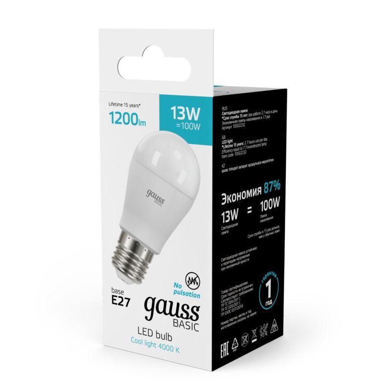 Лампа светодиодная Basic 13Вт P45 шар 4000К нейтр. бел. E27 1200лм GAUSS 10502232 фото в каталоге от BTSprom.by