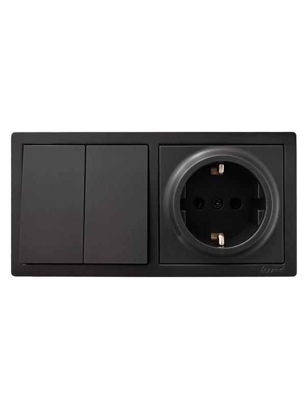  Блок ОП LETO (2-кл. выключатель + 1-м розетка с заземл.) горизонт. черн. бархат LEZARD 752-4200-170BKP фото в каталоге от BTSprom.by