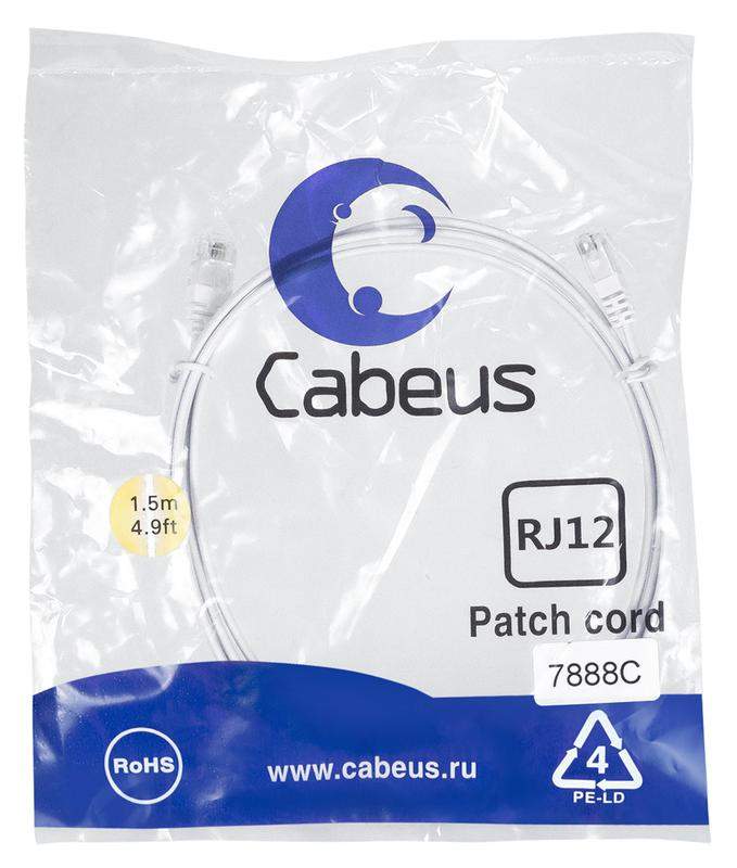 патч-корд телефонный pc-tel-rj12-1.5m 2х6р4с pvc 1.5м бел. cabeus 7888c от BTSprom.by