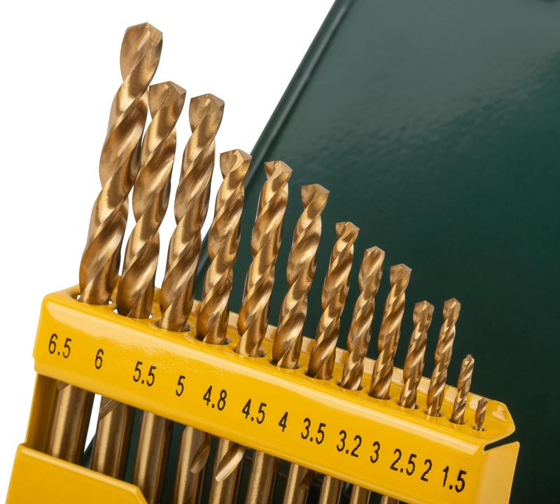  Набор сверл HSS по металлу 1.5-6.5мм покрытие титан. (метал. бокс) (13 предметов) FIT 34218 фото в каталоге от BTSprom.by