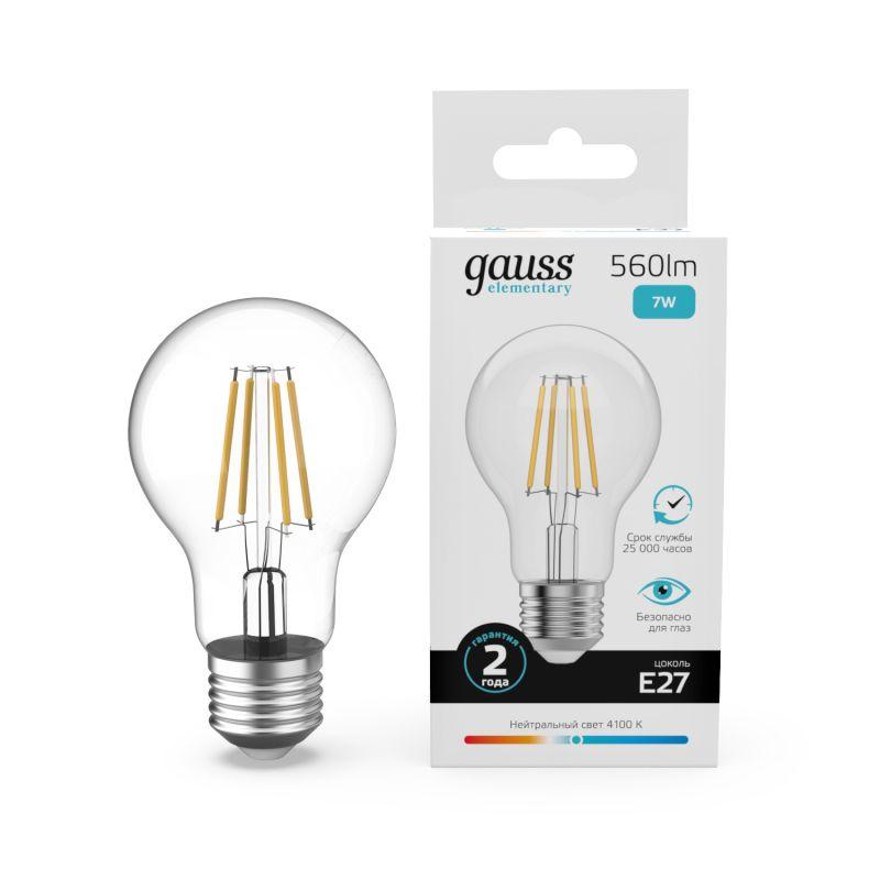 лампа светодиодная филаментная filament elementary а60 7вт 4100к е27 560лм gauss 22227 от BTSprom.by