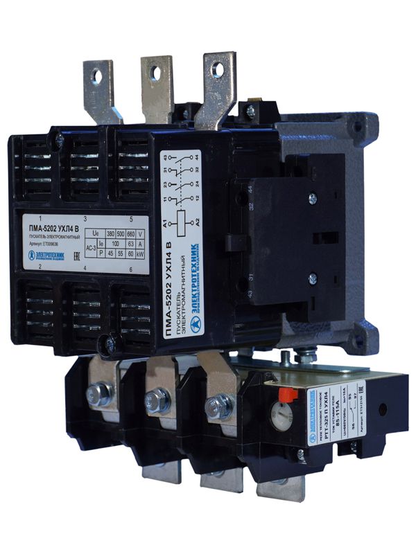 пускатель электромагнитный пма-5202 ухл4 в 100а 220в 2но+2нз ip00 нереверсивный с реле ртт-325 85-115а электротехник et009636 от BTSprom.by