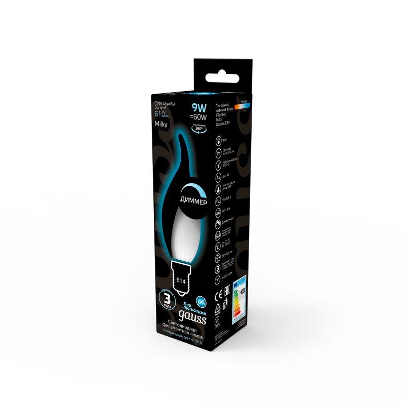 Лампа светодиодная филаментная Black Filament 9Вт свеча на ветру матовая 4100К нейтр. бел. E14 610лм диммир. GAUSS 104201209-D фото в каталоге от BTSprom.by