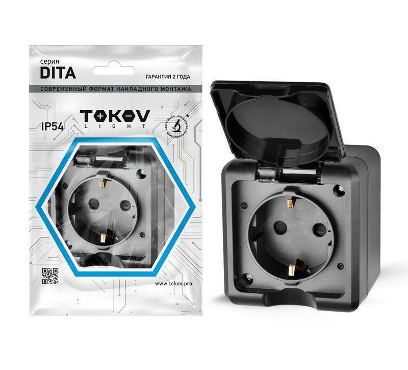 розетка 1-м оп dita 16а ip54 250в с заземл. с крышкой карбон tokov electric tkl-dt-r1z-c14-ip54 от BTSprom.by