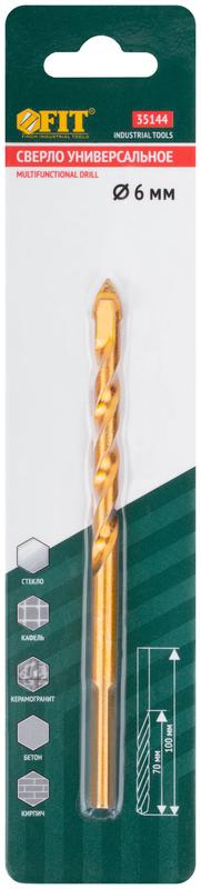  Сверло универсальное по кафелю стеклу керамограниту бетону кирпичу 6х100мм трехгранный хвостовик FIT 35144 фото в каталоге от BTSprom.by