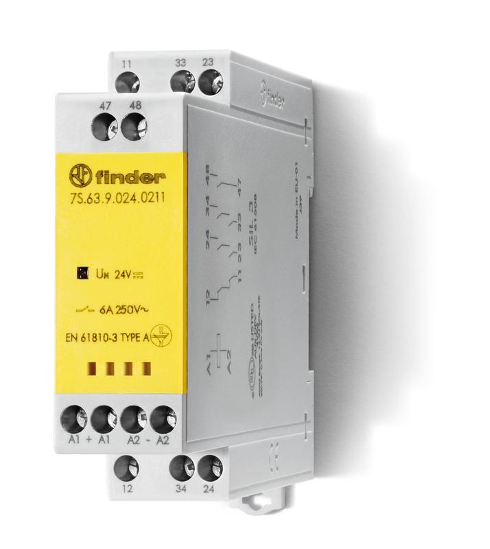 реле безопасности модульное электромеханич. (реле с принудительным управлением контактами) 2no+1nc+1 aux(доп.контакт) 6а agsno2 24в dc винт. клеммы 22.5мм ip54 finder 7s6390240211 от BTSprom.by