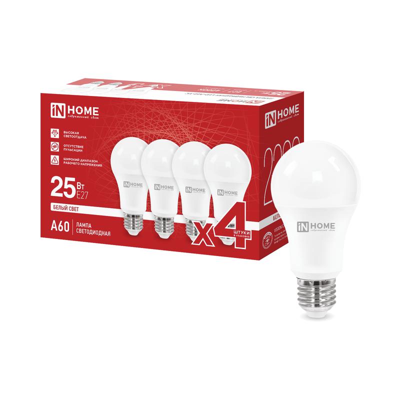 лампа светодиодная led-a60-vc 4pack 25вт грушевидная 4000к e27 2380лм 230в (уп.4шт) in home 4690612063072 от BTSprom.by