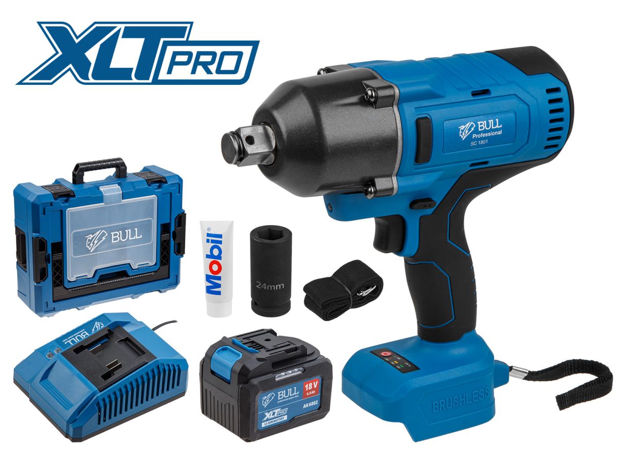 аккум. ударный гайковерт bull sc 1801 xcase xltpro бесщет., 18 в, 1000 н*м, 3/4", 1х6 а*ч, з/у 4 а (вес 3.3 кг) 1329885 от BTSprom.by