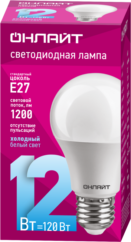 Лампа светодиодная 61 141 OLL-A60-12-230-6.5K-E27 12Вт грушевидная 6500К холод. бел. E27 1200лм 176-264В ОНЛАЙТ 61141 фото в каталоге от BTSprom.by