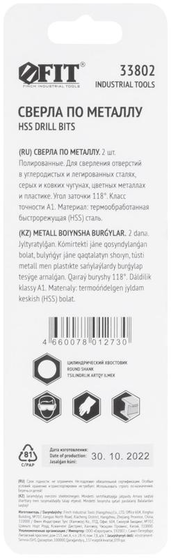  Сверло по металлу HSS полированные в блистере 1.5мм (уп.2шт) FIT 33802 фото в каталоге от BTSprom.by