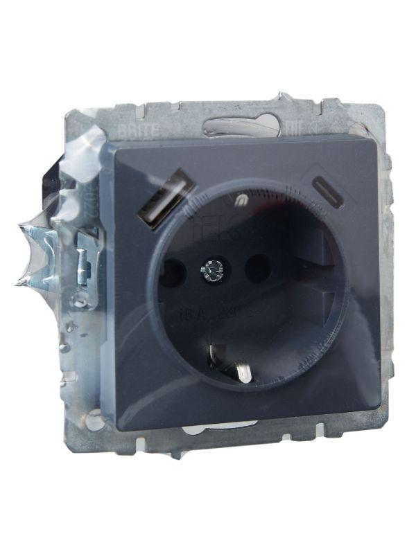  Розетка BRITE РЮш11-1-БрМ 16А с USB A+C 18Вт с заземл. защ. шторки механизм маренго IEK BR-R14-16-U22-018-K35 фото в каталоге от BTSprom.by