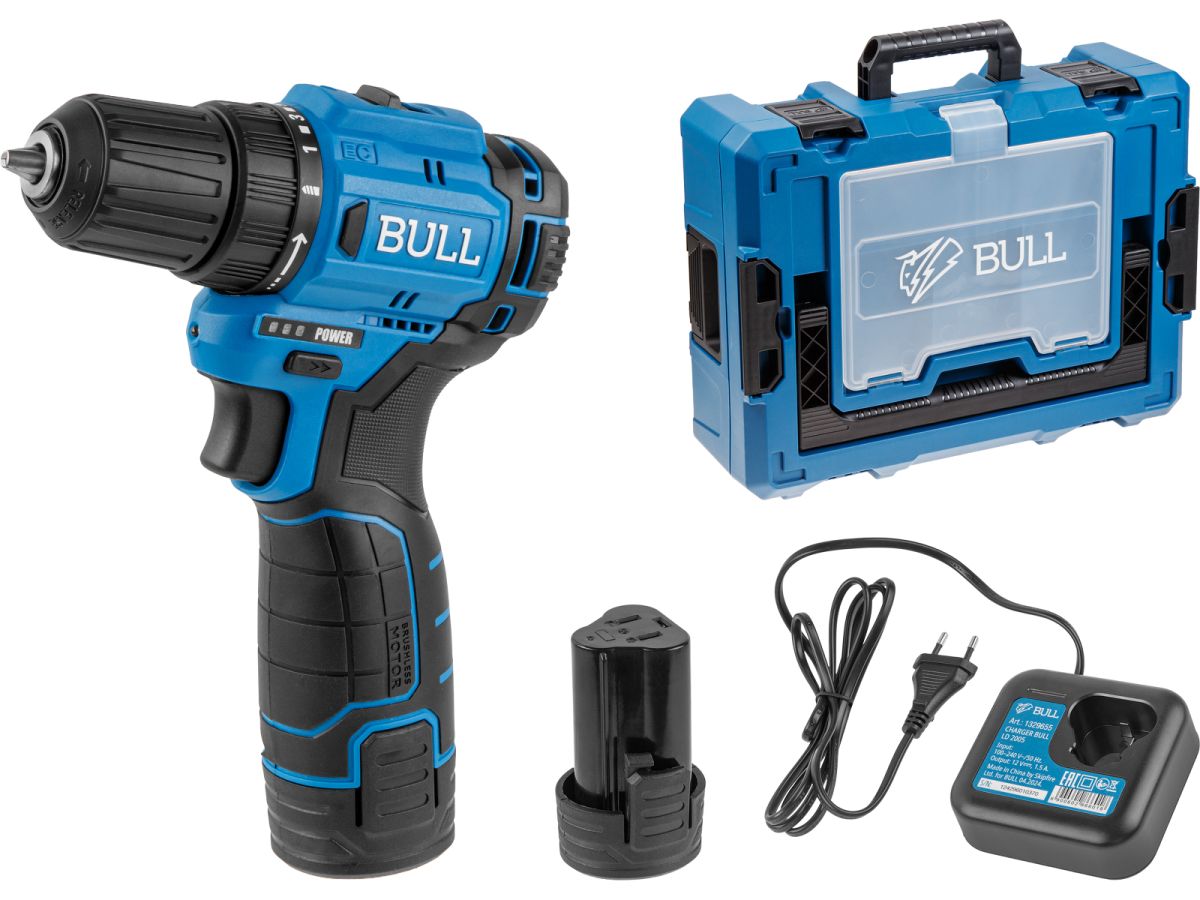 аккум. дрель-шуруповерт bull sr 1203 xcase бесщет., 12 в, 37 н*м, 2*2 а*ч акб, бзп 10 мм (шурупы до 8 мм) 1329879 от BTSprom.by