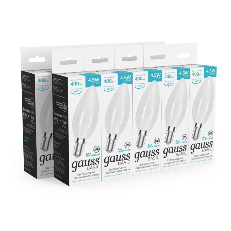 Лампа светодиодная филаментная Basic Filament 4.5Вт Свеча 4100К Е14 400лм milky GAUSS 1035125 фото в каталоге от BTSprom.by