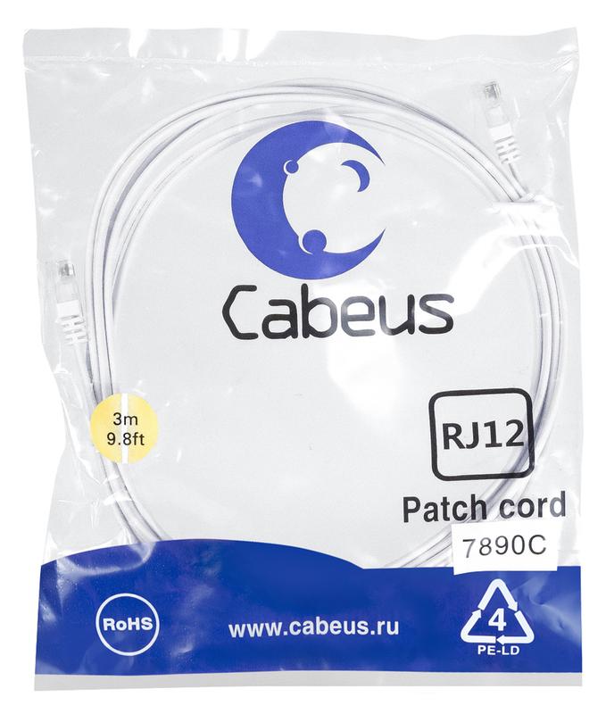 патч-корд телефонный pc-tel-rj12-3m 2х6р4с pvc 3м бел. cabeus 7890c от BTSprom.by