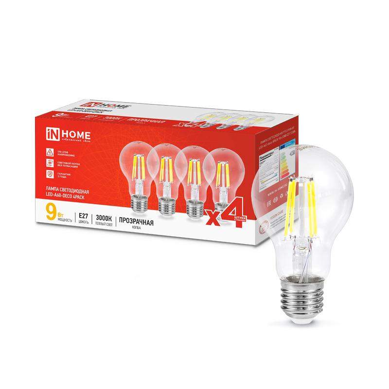лампа светодиодная филаментная led-a60-deco 4pack 9вт прозрачная 3000к тепл. бел. e27 1040лм 230в (уп.4шт) in home 4690612053394 от BTSprom.by