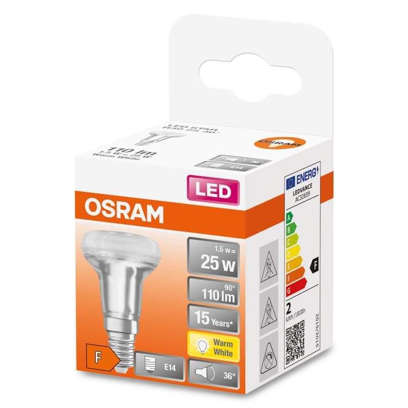 лампа светодиодная led star r39 25 non-dim 36град. 1.5w/827 1.5вт прозрачная 2700к тепл. бел. e14 110лм 220-240в (замена 25вт) osram 4058075433243 от BTSprom.by