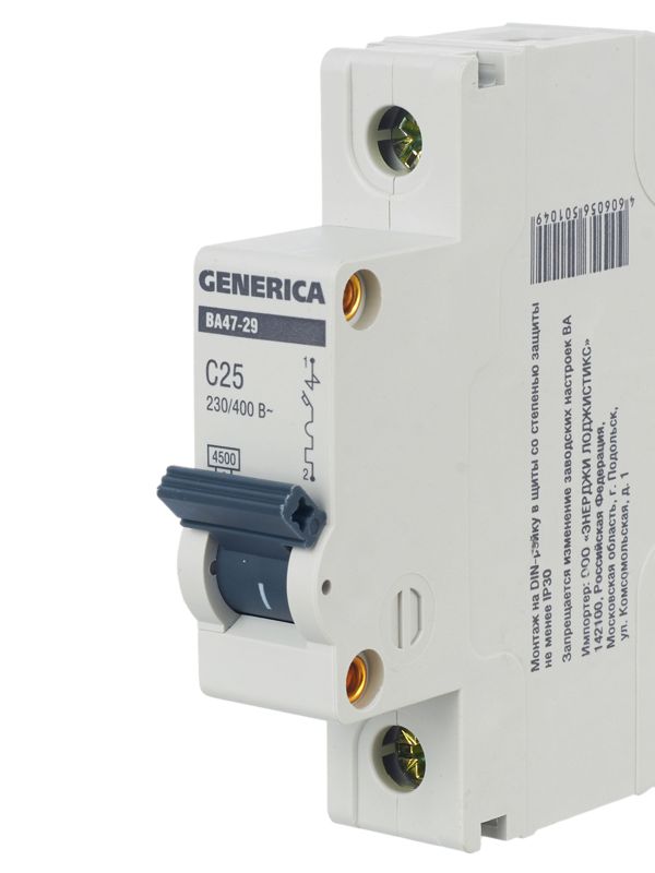  Выключатель автоматический модульный 1п C 25А 4.5кА ВА47-29 GENERICA MVA25-1-025-C фото в каталоге от BTSprom.by