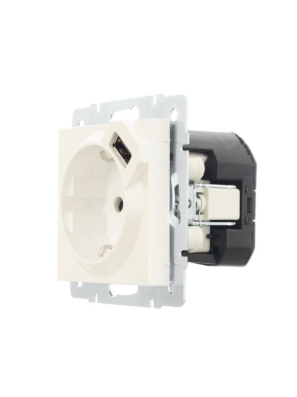  Розетка 1-м СП Vesna с заземл. с заряд. устройством USB механизм жемчуж./бел. перламутр LEZARD 742-3088-181 фото в каталоге от BTSprom.by