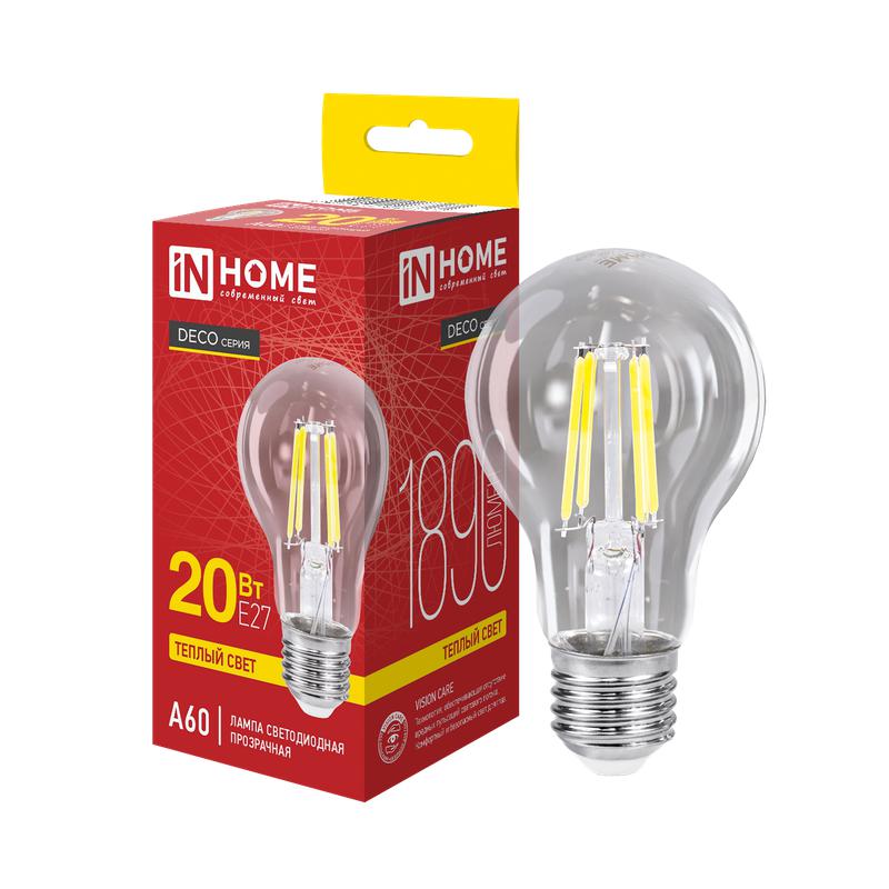 лампа светодиодная led-a60-deco 20вт прозрачная 3000к e27 1890лм 230в in home 4690612063171 от BTSprom.by