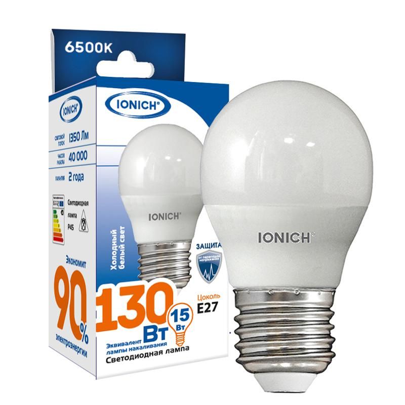 лампа светодиодная g45 15вт шар 6500к e27 1350лм 230в ionich 1636 от BTSprom.by