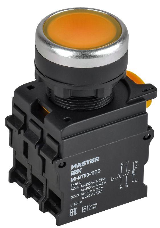 кнопка d22мм 1но+1нз master с подсветкой и фиксацией желт. iek mi-bt60-11td-3-11-k05 от BTSprom.by