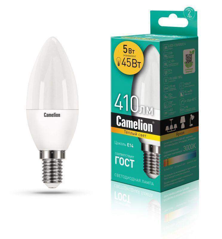 лампа светодиодная led5-c35/830/e14 5вт свеча 3000к тепл. бел. e14 390лм 220-240в camelion 12031 от BTSprom.by