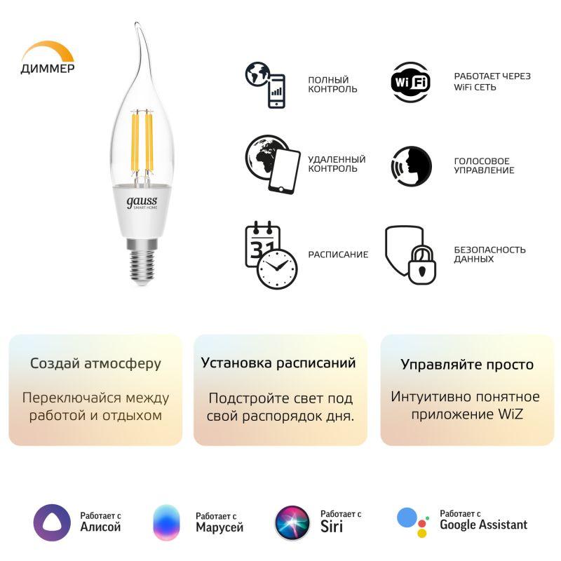 лампа светодиодная умная smart home 4.5вт свеча на ветру 2700к тепл. бел. e14 495лм диммир. управление по wi-fi gauss 1260112 от BTSprom.by
