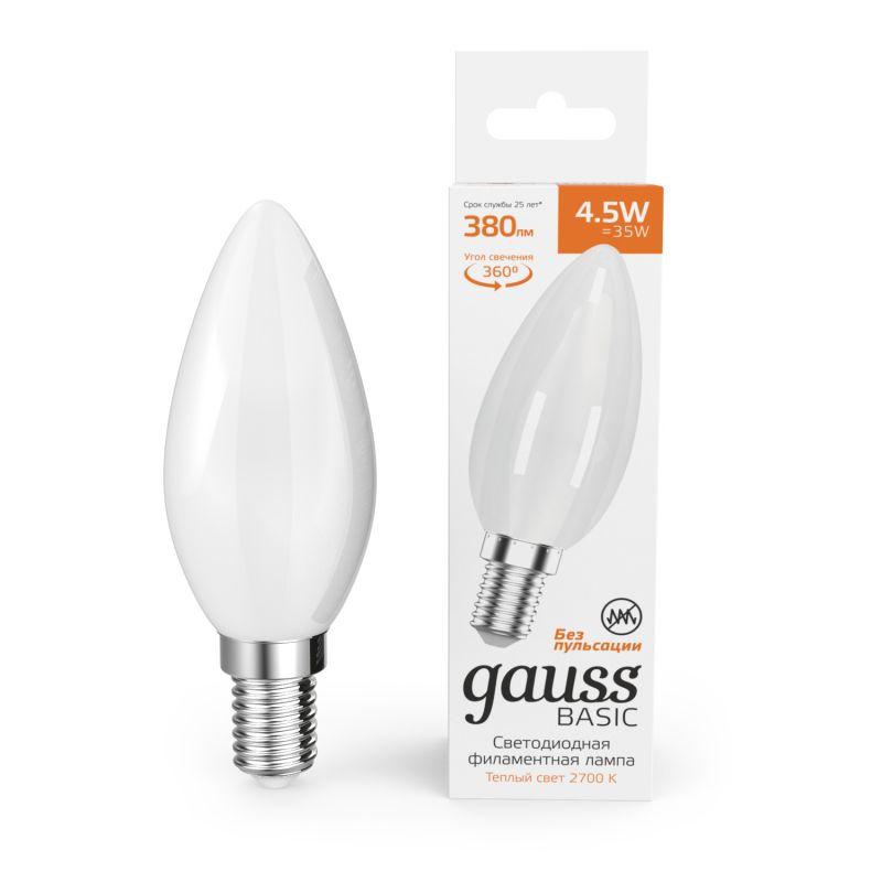 лампа светодиодная филаментная basic filament 4.5вт свеча 2700к е14 380лм milky gauss 1035115 от BTSprom.by