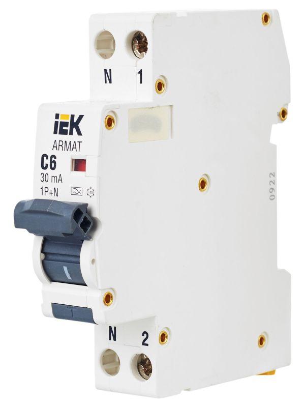  Выключатель автоматический дифференциального тока 2п (1P+N) C 6А 30мА тип A АВДТ B06S 18мм ARMAT IEK AR-B06S-1N-C06A030 фото в каталоге от BTSprom.by