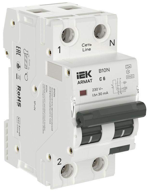 выключатель автоматический дифференциального тока авдт b10n 1p+np c6 30ма тип a (36мм) armat iek ar-b10n-1n-c006a030 от BTSprom.by
