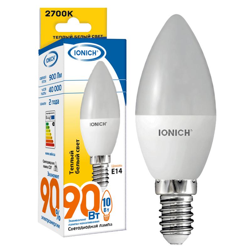 лампа светодиодная c37 10вт "свеча" 2700к е14 230в тепл. бел. ionich 1798 от BTSprom.by