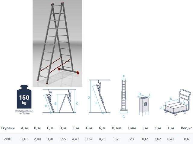 лестница алюм. 2-х секц. 249/443см 2х10 ступ., 8,6кг pro startul (st9946-10) от BTSprom.by