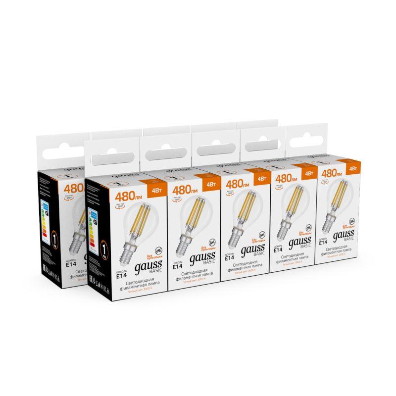 Лампа светодиодная филаментная Basic Filament 4Вт Шар 3000К E14 480лм GAUSS 50512142 фото в каталоге от BTSprom.by