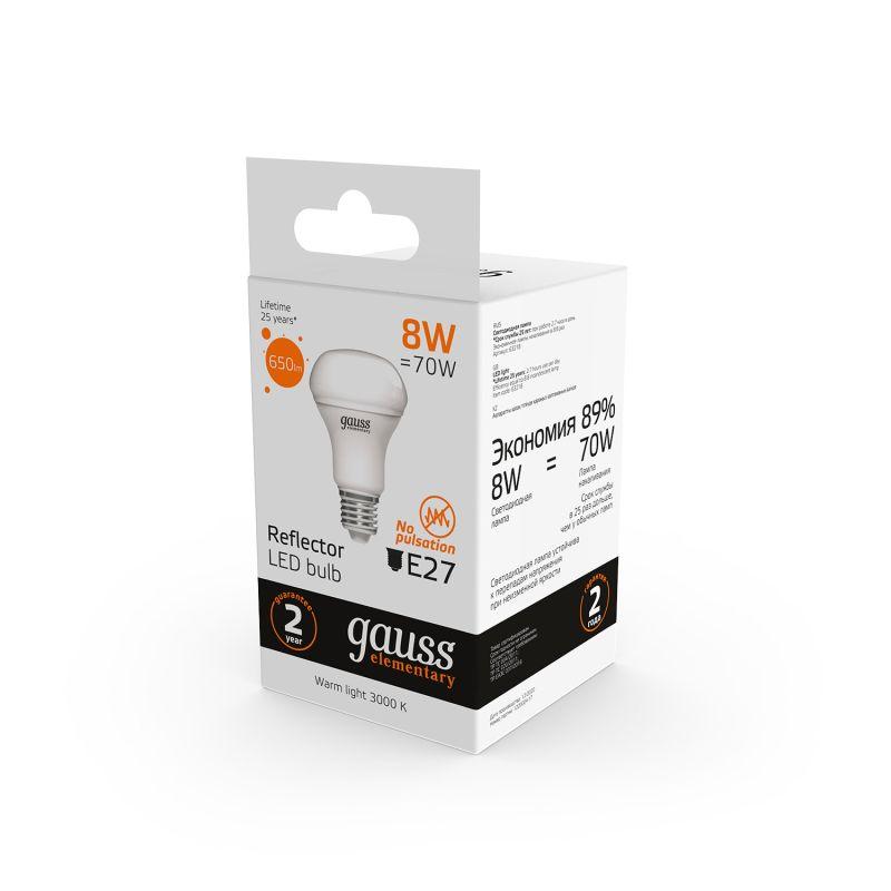Лампа светодиодная Elementary 8Вт R63 рефлектор 3000К тепл. бел. E27 650лм GAUSS 63218 фото в каталоге от BTSprom.by