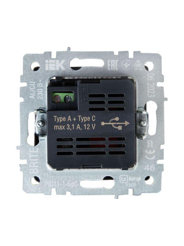  Розетка BRITE USB A+C 18Вт РЮ11-1-БрС механизм сталь IEK BR-U22-018-K46 фото в каталоге от BTSprom.by