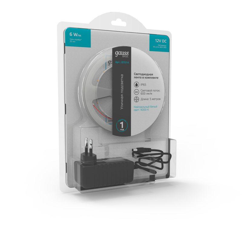  Лента светодиодная Basic 2835/60-SMD 6Вт/м 4000К нейтр. бел. IP65 600лм/м 12В 8мм драйвер (уп.5м) GAUSS BT014 фото в каталоге от BTSprom.by