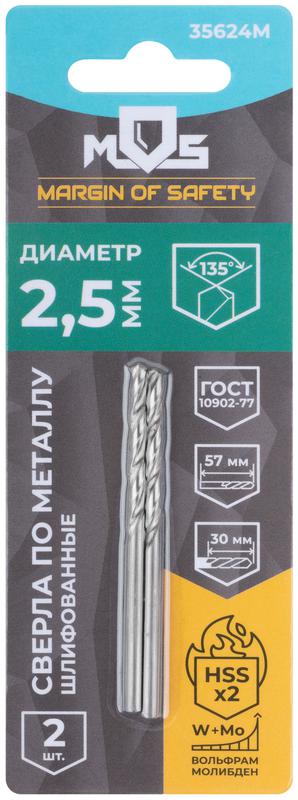  Сверло по металлу HSS шлифованные в блистере угол заточки 135град. 2.5х57мм (уп.2шт) MOS 35624М фото в каталоге от BTSprom.by