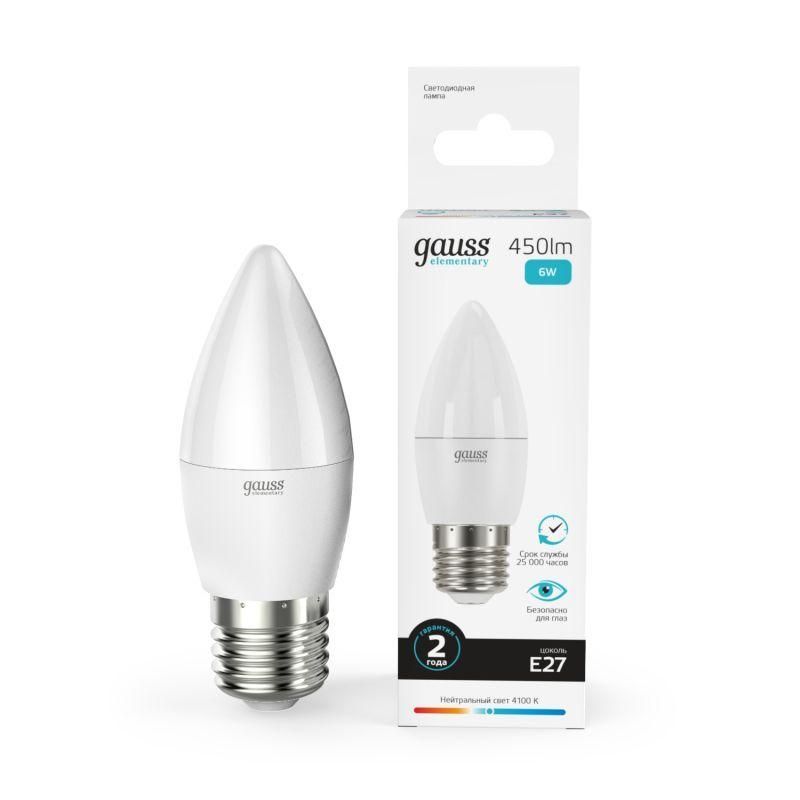 лампа светодиодная elementary 6вт свеча 4100к нейтр. бел. e27 450лм gauss 33226 от BTSprom.by