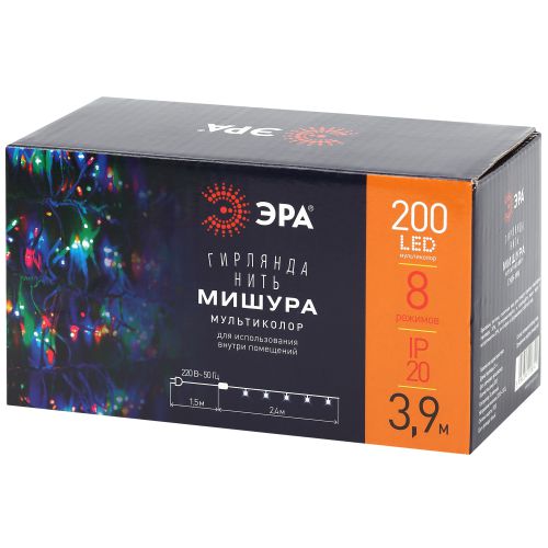  Гирлянда светодиодная "Мишура" 3.9м 200LED 220В IP20 бел. провод мультиколор ЭРА Б0047972 фото в каталоге от BTSprom.by