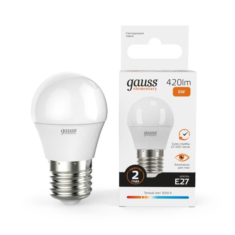 лампа светодиодная elementary 6вт p45 шар 3000к тепл. бел. e27 420лм gauss 53216 от BTSprom.by