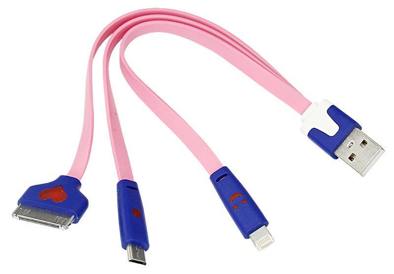 кабель usb lightning/30pin/micro usb/pvc/flat/pink/0.15m 3 в 1 rexant 18-4251 от BTSprom.by