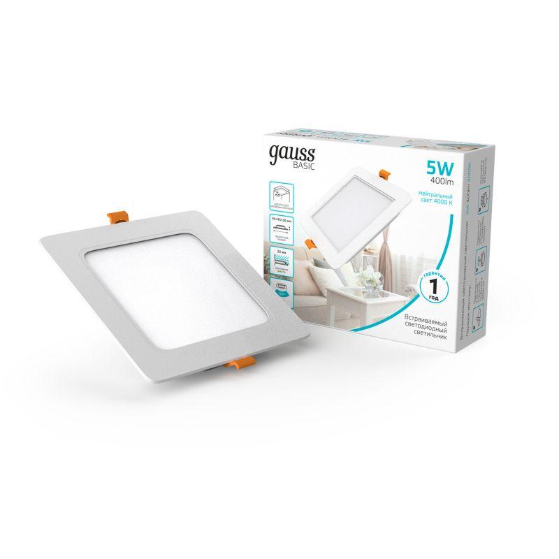 светильник светодиодный basic downlight 5вт 4000к ip20 400лм 170-260в 95х26 квадрат бел. gauss 9031420205 от BTSprom.by